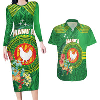 Personalized Manu'a Cession Day Couples Matching Long Sleeve Bodycon Dress and Hawaiian Shirt Tropical Flowers With Polynesian Pattern