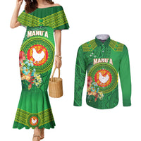 Personalized Manu'a Cession Day Couples Matching Mermaid Dress and Long Sleeve Button Shirt Tropical Flowers With Polynesian Pattern