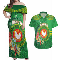 Personalized Manu'a Cession Day Couples Matching Off Shoulder Maxi Dress and Hawaiian Shirt Tropical Flowers With Polynesian Pattern