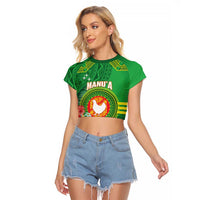 Personalized Manu'a Cession Day Raglan Cropped T Shirt Tropical Flowers With Polynesian Pattern