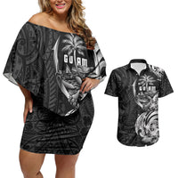 Attelong Guam Chamorro Couples Matching Off Shoulder Short Dress and Hawaiian Shirt Guahan Seal Tattoo LT14 Black - Polynesian Pride