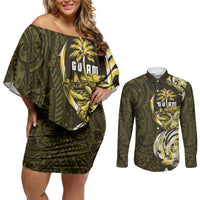 Amariyu Guam Chamorro Couples Matching Off Shoulder Short Dress and Long Sleeve Button Shirt Guahan Seal Tattoo LT14 Yellow - Polynesian Pride