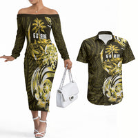 Amariyu Guam Chamorro Couples Matching Off The Shoulder Long Sleeve Dress and Hawaiian Shirt Guahan Seal Tattoo LT14 Yellow - Polynesian Pride