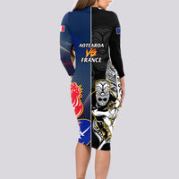 New Zealand And France Rugby Long Sleeve Bodycon Dress All Black With Les Bleus Together 2023 World Cup LT14 - Polynesian Pride