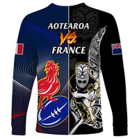 New Zealand And France Rugby Long Sleeve Shirt All Black With Les Bleus Together 2023 World Cup LT14 - Polynesian Pride
