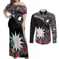 Black Nauru Couples Matching Off Shoulder Maxi Dress and Long Sleeve Button Shirt Naoero Map With Polynesian Tropical Flowers