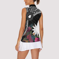 Black Nauru Women Sleeveless Polo Shirt Naoero Map With Polynesian Tropical Flowers