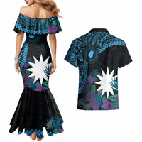 Blue Nauru Couples Matching Mermaid Dress and Hawaiian Shirt Naoero Map With Polynesian Tropical Flowers