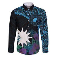 Blue Nauru Family Matching Tank Maxi Dress and Hawaiian Shirt Naoero Map With Polynesian Tropical Flowers