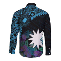 Blue Nauru Long Sleeve Button Shirt Naoero Map With Polynesian Tropical Flowers