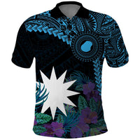 Blue Nauru Polo Shirt Naoero Map With Polynesian Tropical Flowers