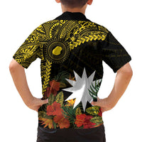 Gold Nauru Family Matching Long Sleeve Bodycon Dress and Hawaiian Shirt Naoero Map With Polynesian Tropical Flowers