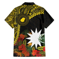 Gold Nauru Family Matching Off Shoulder Short Dress and Hawaiian Shirt Naoero Map With Polynesian Tropical Flowers LT14 - Polynesian Pride