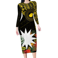 Gold Nauru Long Sleeve Bodycon Dress Naoero Map With Polynesian Tropical Flowers