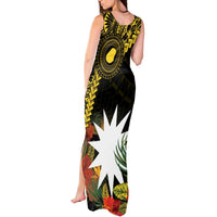 Gold Nauru Tank Maxi Dress Naoero Map With Polynesian Tropical Flowers