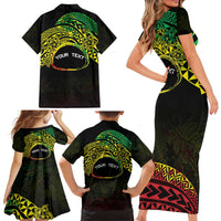 Personalised Nukuoro Atoll Family Matching Short Sleeve Bodycon Dress and Hawaiian Shirt Polynesian Tattoo Curves Reggae Version