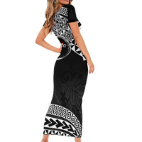 Personalised Pohnpei Nukuoro Micronesia Family Matching Short Sleeve Bodycon Dress and Hawaiian Shirt Polynesian Tattoo Curves Black Version