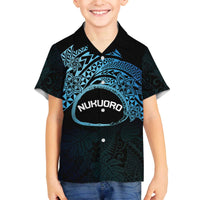 Personalised Pohnpei Nukuoro Micronesia Family Matching Off Shoulder Short Dress and Hawaiian Shirt Polynesian Tattoo Curves Blue Version