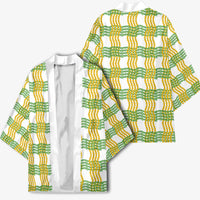 Aloha Hawaii Ilima Maile Lei Kimono Palaka Inspired Hawaiian-plaid White