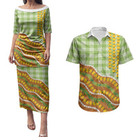 Hawaii Leis Palaka Motifs Couples Matching Puletasi and Hawaiian Shirt Pikake Pakalana Maile Ilima Kakau Style