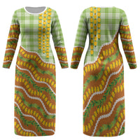 Hawaii Leis Palaka Motifs Family Matching Long Sleeve Bodycon Dress and Hawaiian Shirt Pikake Pakalana Maile Ilima Kakau Style