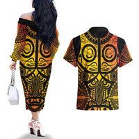 Marquesas Islands Couples Matching Off The Shoulder Long Sleeve Dress and Hawaiian Shirt Marquesan Tattoo Yellow Gradient - Polynesian Pride