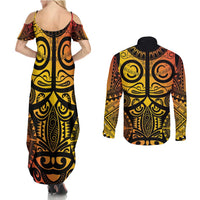 Marquesas Islands Couples Matching Summer Maxi Dress and Long Sleeve Button Shirt Marquesan Tattoo Yellow Gradient - Polynesian Pride