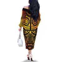 Marquesas Islands Family Matching Off The Shoulder Long Sleeve Dress and Hawaiian Shirt Marquesan Tattoo Yellow Gradient - Polynesian Pride