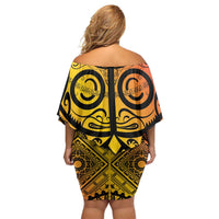 Marquesas Islands Family Matching Off Shoulder Short Dress and Hawaiian Shirt Marquesan Tattoo Yellow Gradient - Polynesian Pride