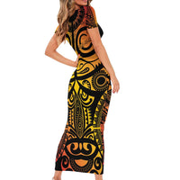 Marquesas Islands Family Matching Short Sleeve Bodycon Dress and Hawaiian Shirt Marquesan Tattoo Yellow Gradient - Polynesian Pride