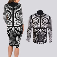 Marquesas Islands Couples Matching Long Sleeve Bodycon Dress and Long Sleeve Button Shirt Marquesan Tattoo Black White Color - Polynesian Pride