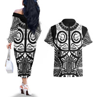 Marquesas Islands Couples Matching Off The Shoulder Long Sleeve Dress and Hawaiian Shirt Marquesan Tattoo Black White Color - Polynesian Pride