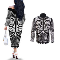 Marquesas Islands Couples Matching Off The Shoulder Long Sleeve Dress and Long Sleeve Button Shirt Marquesan Tattoo Black White Color - Polynesian Pride