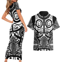 Marquesas Islands Couples Matching Short Sleeve Bodycon Dress and Hawaiian Shirt Marquesan Tattoo Black White Color - Polynesian Pride