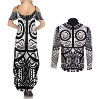 Marquesas Islands Couples Matching Summer Maxi Dress and Long Sleeve Button Shirt Marquesan Tattoo Black White Color - Polynesian Pride