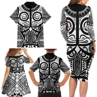 Marquesas Islands Family Matching Long Sleeve Bodycon Dress and Hawaiian Shirt Marquesan Tattoo Black White Color - Polynesian Pride