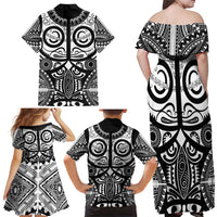 Marquesas Islands Family Matching Off Shoulder Maxi Dress and Hawaiian Shirt Marquesan Tattoo Black White Color - Polynesian Pride