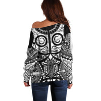 Marquesas Islands Off Shoulder Sweater Marquesan Tattoo Black White Color - Polynesian Pride