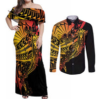Gradient Marquesas Islands Couples Matching Off Shoulder Maxi Dress and Long Sleeve Button Shirt Marquesan Matatiki Hammerhead Shark Patutiki - Polynesian Pride