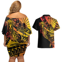 Gradient Marquesas Islands Couples Matching Off Shoulder Short Dress and Hawaiian Shirt Marquesan Matatiki Hammerhead Shark Patutiki - Polynesian Pride
