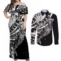Black White Marquesas Islands Couples Matching Off Shoulder Maxi Dress and Long Sleeve Button Shirt Marquesan Matatiki Hammerhead Shark Patutiki - Polynesian Pride