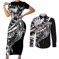 Black White Marquesas Islands Couples Matching Short Sleeve Bodycon Dress and Long Sleeve Button Shirt Marquesan Matatiki Hammerhead Shark Patutiki - Polynesian Pride