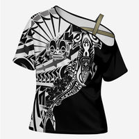 Black White Marquesas Islands Cross Shoulder Shirt Marquesan Matatiki Hammerhead Shark Patutiki - Polynesian Pride