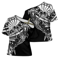 Black White Marquesas Islands Cross Shoulder Shirt Marquesan Matatiki Hammerhead Shark Patutiki - Polynesian Pride