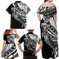 Black White Marquesas Islands Family Matching Off Shoulder Maxi Dress and Hawaiian Shirt Marquesan Matatiki Hammerhead Shark Patutiki - Polynesian Pride