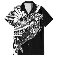Black White Marquesas Islands Family Matching Off Shoulder Short Dress and Hawaiian Shirt Marquesan Matatiki Hammerhead Shark Patutiki - Polynesian Pride