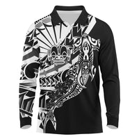 Black White Marquesas Islands Long Sleeve Polo Shirt Marquesan Matatiki Hammerhead Shark Patutiki - Polynesian Pride