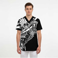 Black White Marquesas Islands Scrub Top Marquesan Matatiki Hammerhead Shark Patutiki - Polynesian Pride