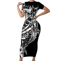 Black White Marquesas Islands Short Sleeve Bodycon Dress Marquesan Matatiki Hammerhead Shark Patutiki - Polynesian Pride