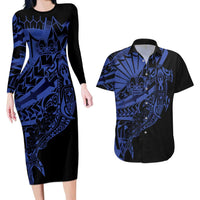 Blue Marquesas Islands Couples Matching Long Sleeve Bodycon Dress and Hawaiian Shirt Marquesan Matatiki Hammerhead Shark Patutiki - Polynesian Pride